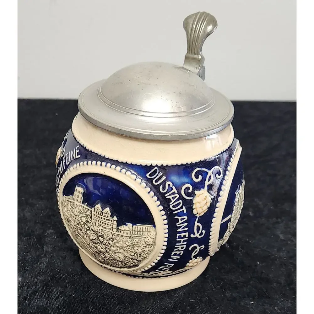 Vintage Stoneware Beer Stein w Pewter Lid Made in Germany
